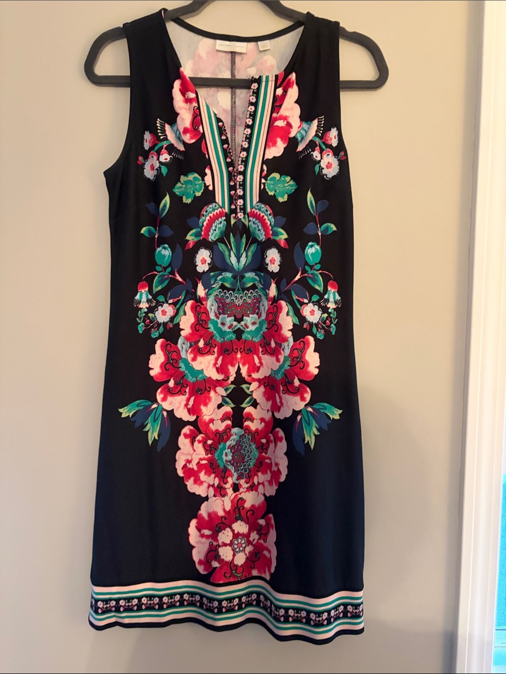 New York & Company Black Sleeveless Dress with Pink & Teal Floral Print